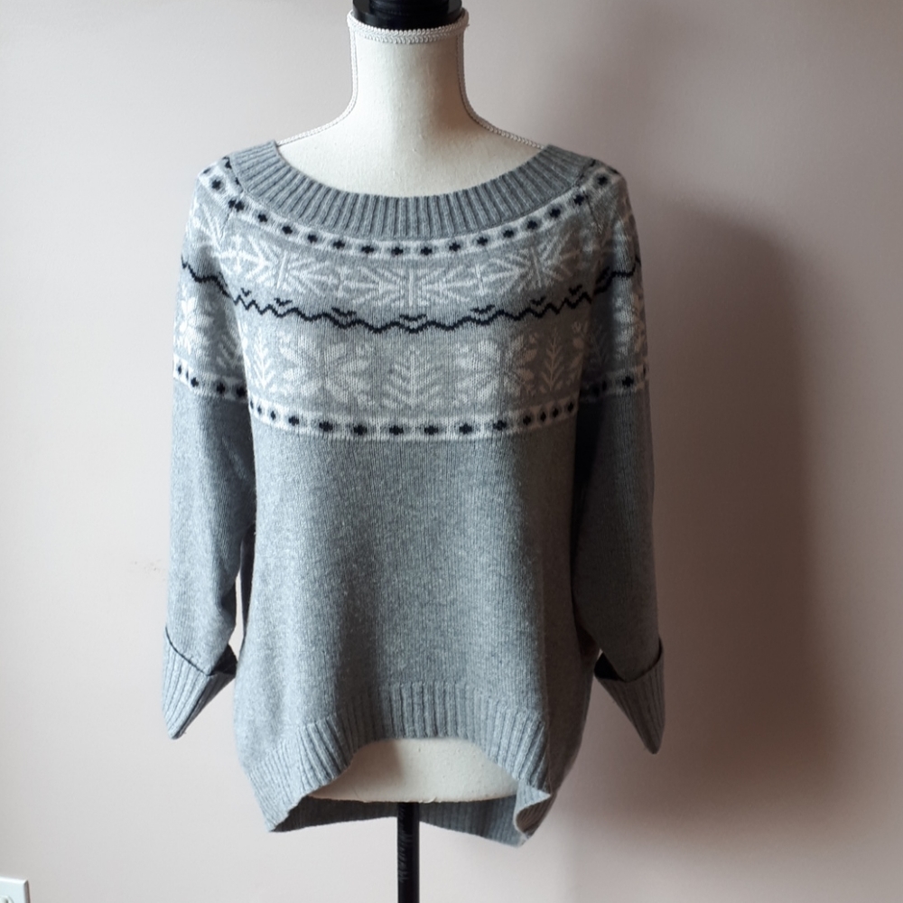 Joie Gray & White Fair Isle Scoop Neck Sweater